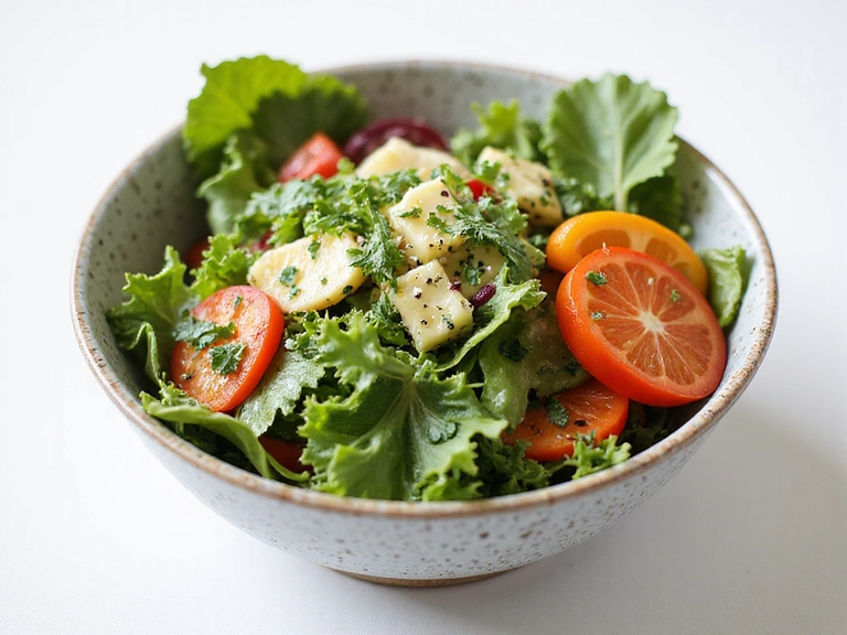 A vibrant salad bowl with fresh greens, colorful vegetables, and a light dressing, perfectly balanced for a healthy meal.