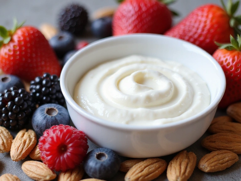 A close-up of fresh berries, nuts, and yogurt, symbolizing gut-friendly foods and probiotics.