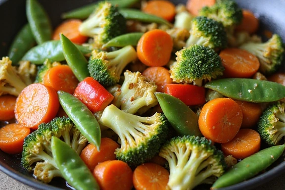 A colorful vegetable stir-fry with broccoli, bell peppers, carrots, and snap peas, glistening with a light sauce.