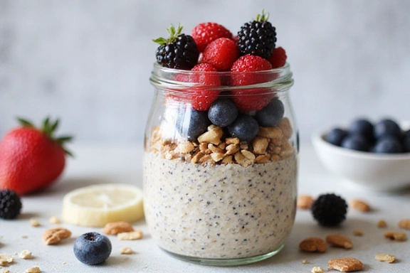 Overnight oats in a glass jar, layered with chia seeds, fresh berries, and nuts, ready for a healthy breakfast.