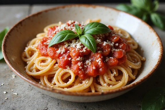 Whole wheat pasta with a rich tomato sauce, fresh basil, and a sprinkle of parmesan cheese, served in a rustic bowl.