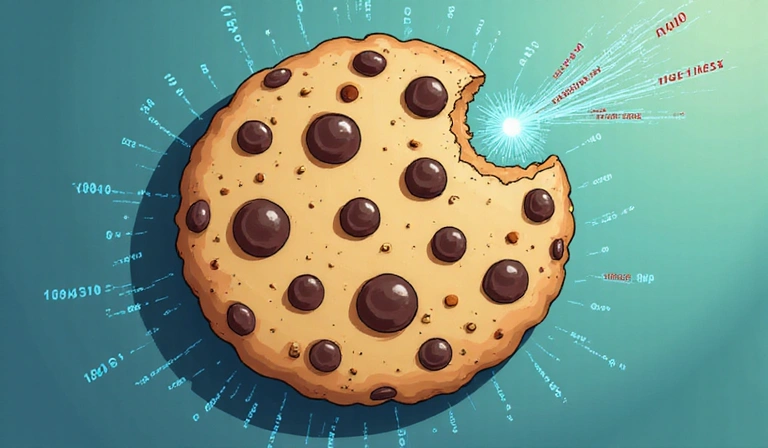 A detailed illustration of a cookie, showing its digital nature with binary code and data flowing into a browser icon, representing how cookies store user information to enhance website experience. The background is a subtle gradient of blue and green, reflecting digital health and wellness.