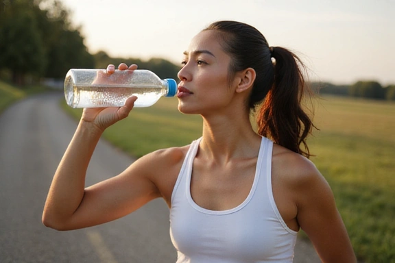 A person drinking water from a reusable bottle during a workout, emphasizing hydration.