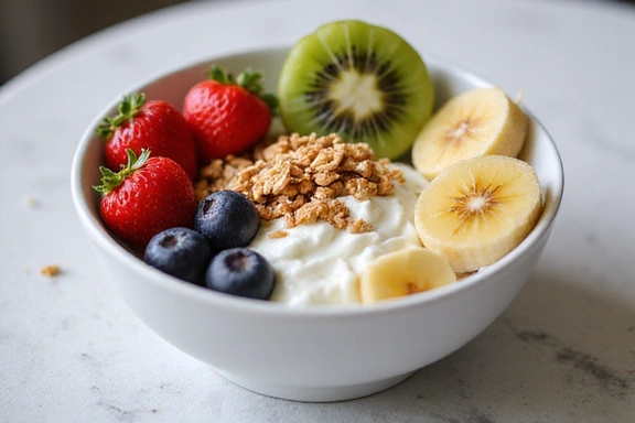 A colorful bowl of fresh fruit and yogurt, representing a healthy breakfast idea.