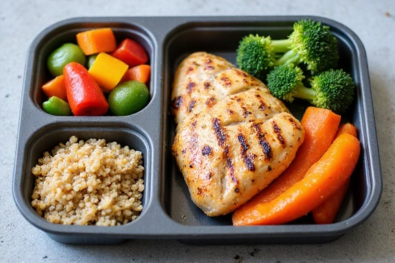 A balanced composition of a healthy meal prep, including various colorful vegetables, lean protein, and whole grains, symbolizing holistic nutrition.
