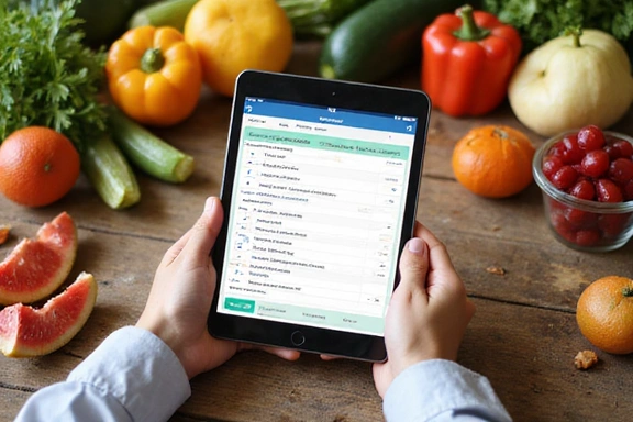 A person looking at a personalized nutrition plan on a tablet, surrounded by fresh fruits and vegetables, emphasizing customization and health.
