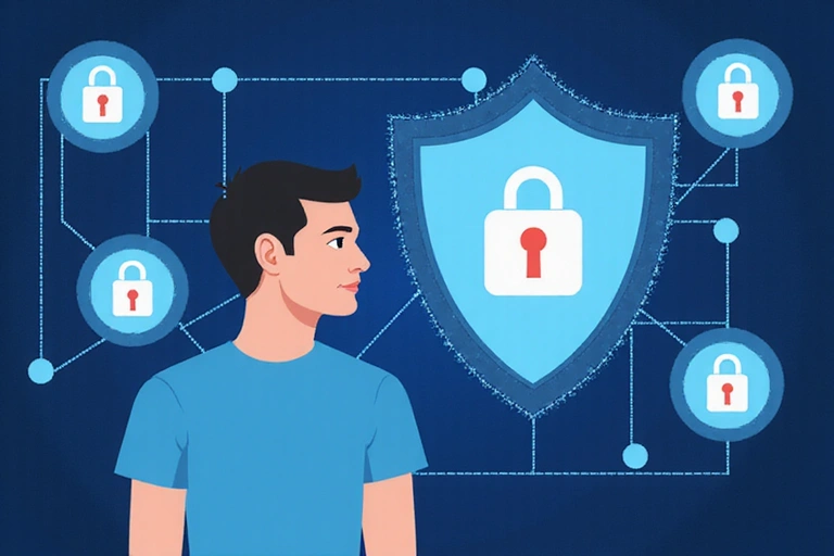 Ilustración de una persona protegiendo sus datos personales en un entorno digital.