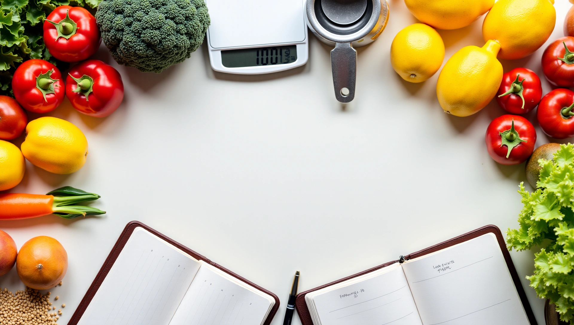 Mesa con diferentes tipos de alimentos saludables, herramientas de medición y cuadernos para planificación nutricional