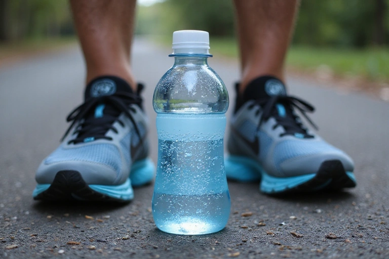 Water bottle with sweat droplets during a run, symbolizing hydration