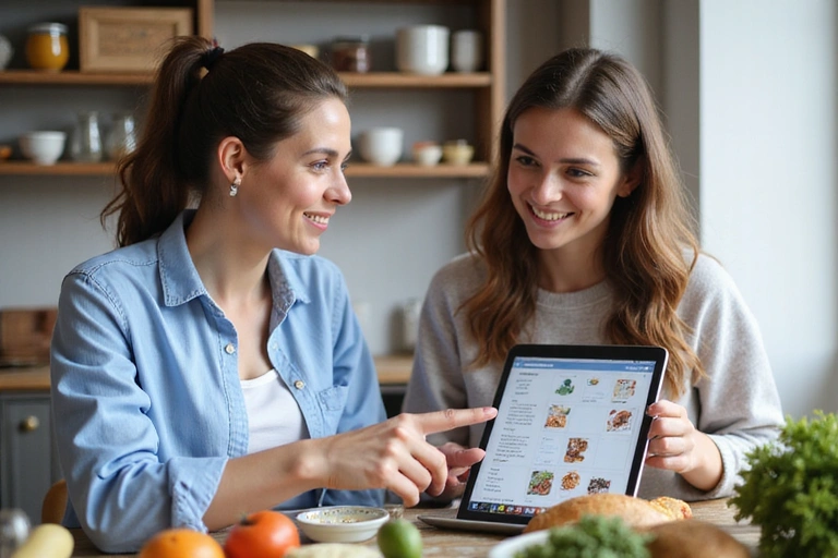 A nutritionist consulting with a client, pointing at a personalized meal plan on a tablet, in a professional and friendly setting.