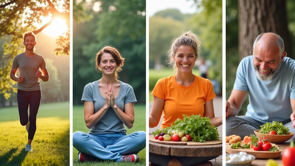 A vibrant collage of images showing people enjoying various healthy activities: running, meditating, cooking nutritious meals, and laughing with friends. This represents holistic health benefits.